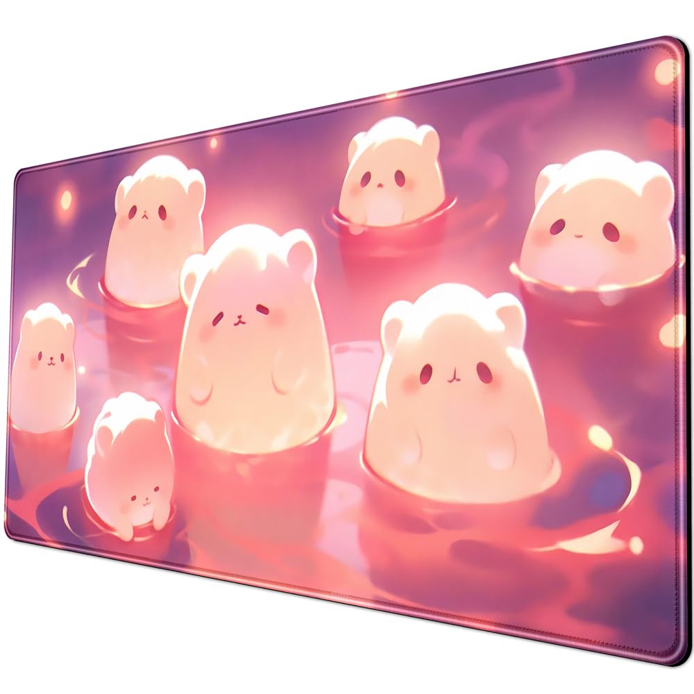 Desk Pad Anime Black Pom Poms Gaming Mouse Pad Large Star Designs Desk Office Decor Exclusive Beautiful Girls Mouse Pad for Women Desktop with Stitched Edges Non-Slip Computer Mat 31.5x11.8In