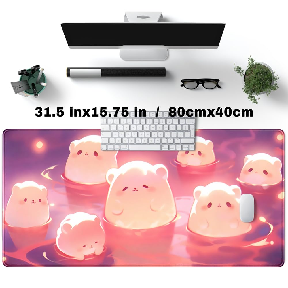 Desk Pad Anime Black Pom Poms Gaming Mouse Pad Large Star Designs Desk Office Decor Exclusive Beautiful Girls Mouse Pad for Women Desktop with Stitched Edges Non-Slip Computer Mat 31.5x11.8In