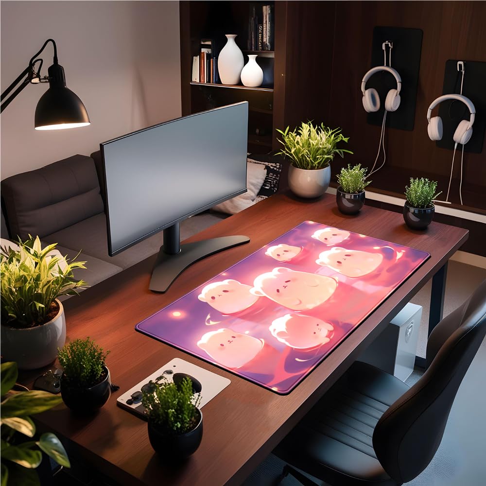 Desk Pad Anime Black Pom Poms Gaming Mouse Pad Large Star Designs Desk Office Decor Exclusive Beautiful Girls Mouse Pad for Women Desktop with Stitched Edges Non-Slip Computer Mat 31.5x11.8In