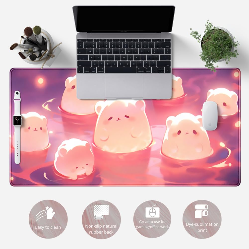 Desk Pad Anime Black Pom Poms Gaming Mouse Pad Large Star Designs Desk Office Decor Exclusive Beautiful Girls Mouse Pad for Women Desktop with Stitched Edges Non-Slip Computer Mat 31.5x11.8In