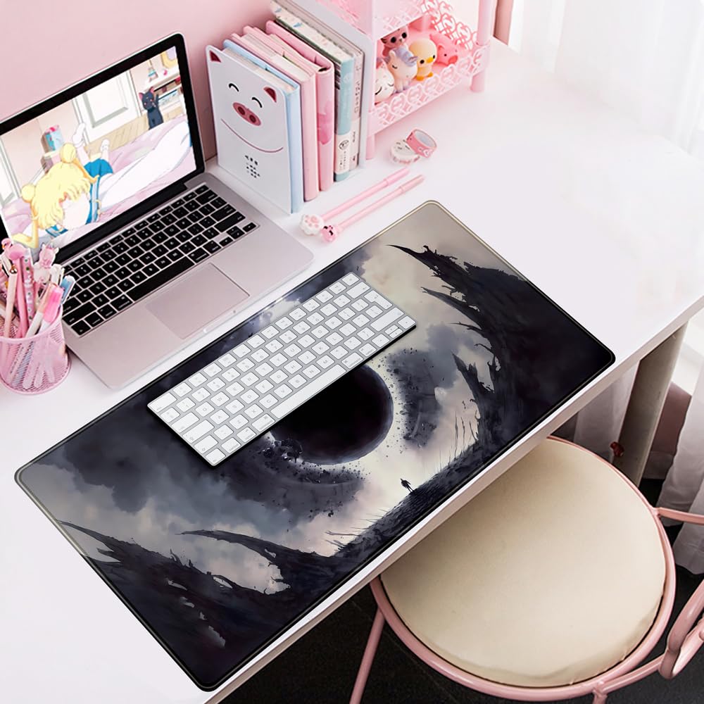 Desk Pad Anime Black Pom Poms Gaming Mouse Pad Large Star Designs Desk Office Decor Exclusive Beautiful Girls Mouse Pad for Women Desktop with Stitched Edges Non-Slip Computer Mat 31.5x11.8In