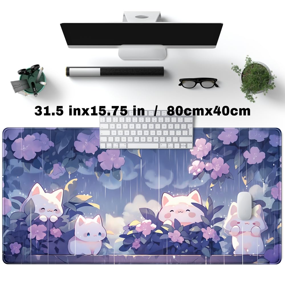 Desk Pad Anime Black Pom Poms Gaming Mouse Pad Large Star Designs Desk Office Decor Exclusive Beautiful Girls Mouse Pad for Women Desktop with Stitched Edges Non-Slip Computer Mat 31.5x11.8In