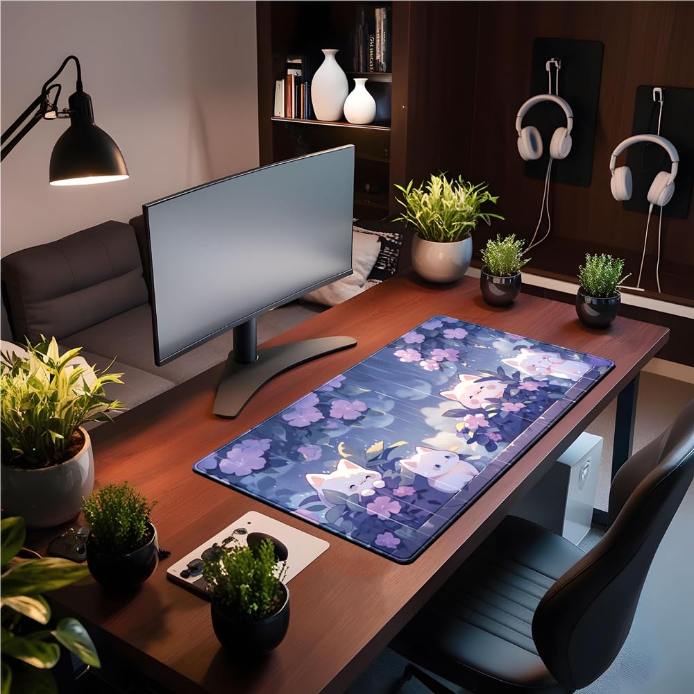Desk Pad Anime Black Pom Poms Gaming Mouse Pad Large Star Designs Desk Office Decor Exclusive Beautiful Girls Mouse Pad for Women Desktop with Stitched Edges Non-Slip Computer Mat 31.5x11.8In