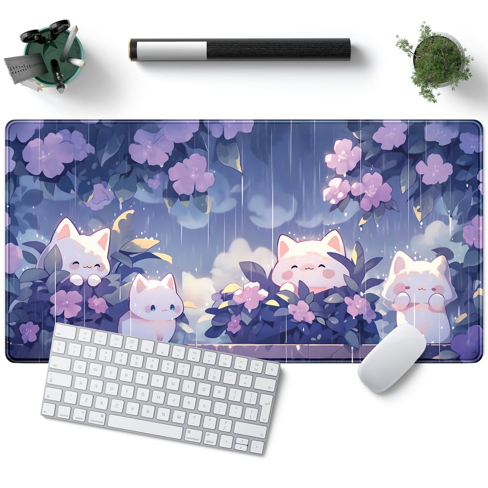 Desk Pad Anime Black Pom Poms Gaming Mouse Pad Large Star Designs Desk Office Decor Exclusive Beautiful Girls Mouse Pad for Women Desktop with Stitched Edges Non-Slip Computer Mat 31.5x11.8In