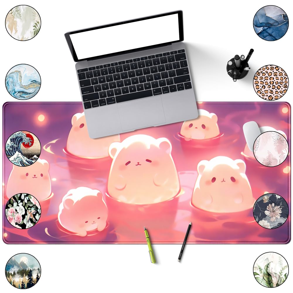 Desk Pad Anime Black Pom Poms Gaming Mouse Pad Large Star Designs Desk Office Decor Exclusive Beautiful Girls Mouse Pad for Women Desktop with Stitched Edges Non-Slip Computer Mat 31.5x11.8In