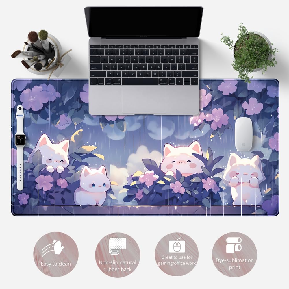 Desk Pad Anime Black Pom Poms Gaming Mouse Pad Large Star Designs Desk Office Decor Exclusive Beautiful Girls Mouse Pad for Women Desktop with Stitched Edges Non-Slip Computer Mat 31.5x11.8In
