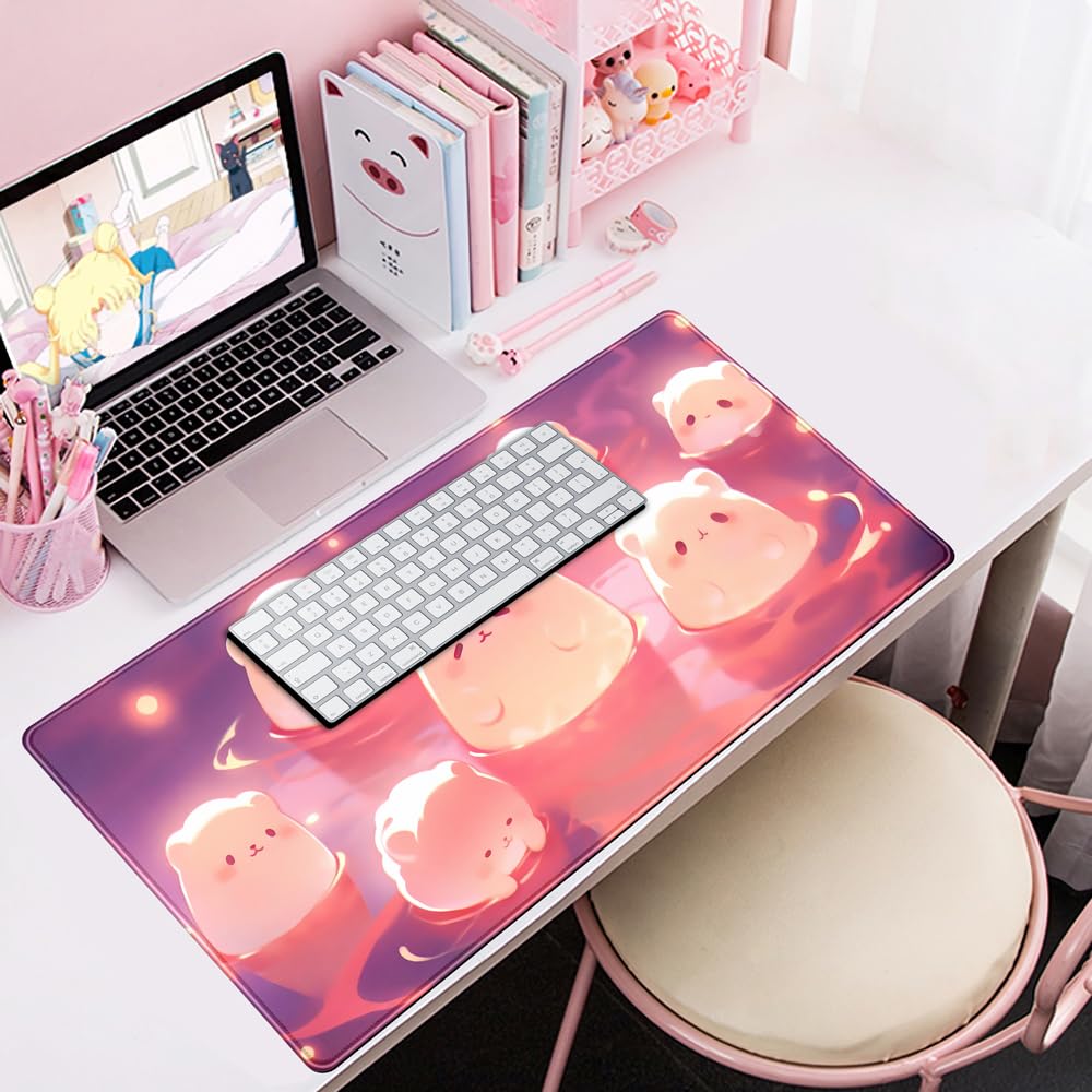 Desk Pad Anime Black Pom Poms Gaming Mouse Pad Large Star Designs Desk Office Decor Exclusive Beautiful Girls Mouse Pad for Women Desktop with Stitched Edges Non-Slip Computer Mat 31.5x11.8In