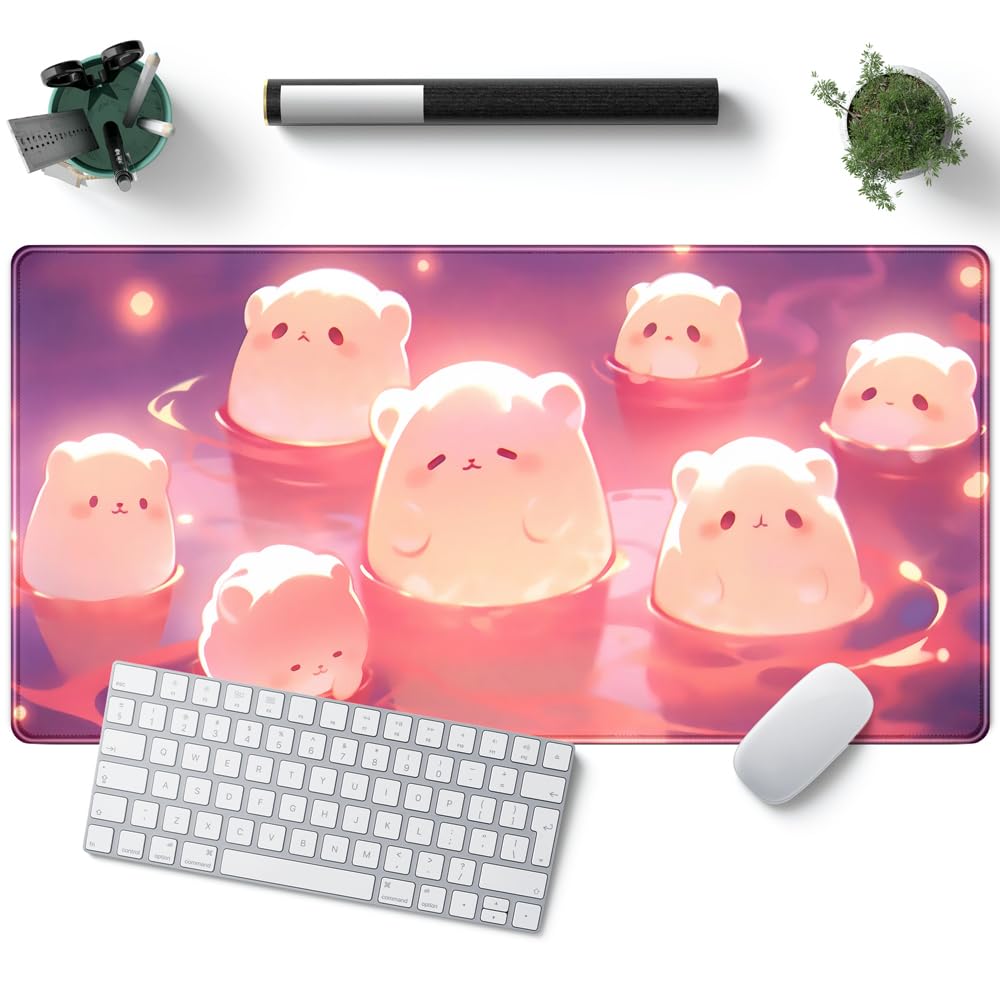 Desk Pad Anime Black Pom Poms Gaming Mouse Pad Large Star Designs Desk Office Decor Exclusive Beautiful Girls Mouse Pad for Women Desktop with Stitched Edges Non-Slip Computer Mat 31.5x11.8In