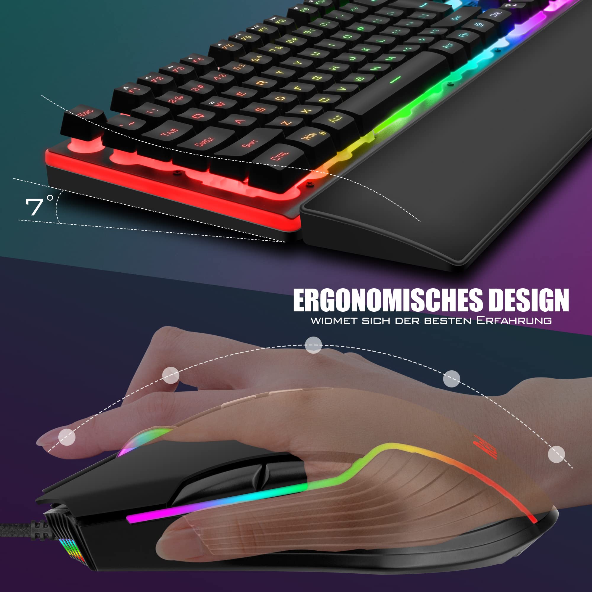 RedThunder K10 Gaming Keyboard & Mouse Combo – RGB Backlit, Wrist Rest, Anti-Ghosting, 7200 DPI