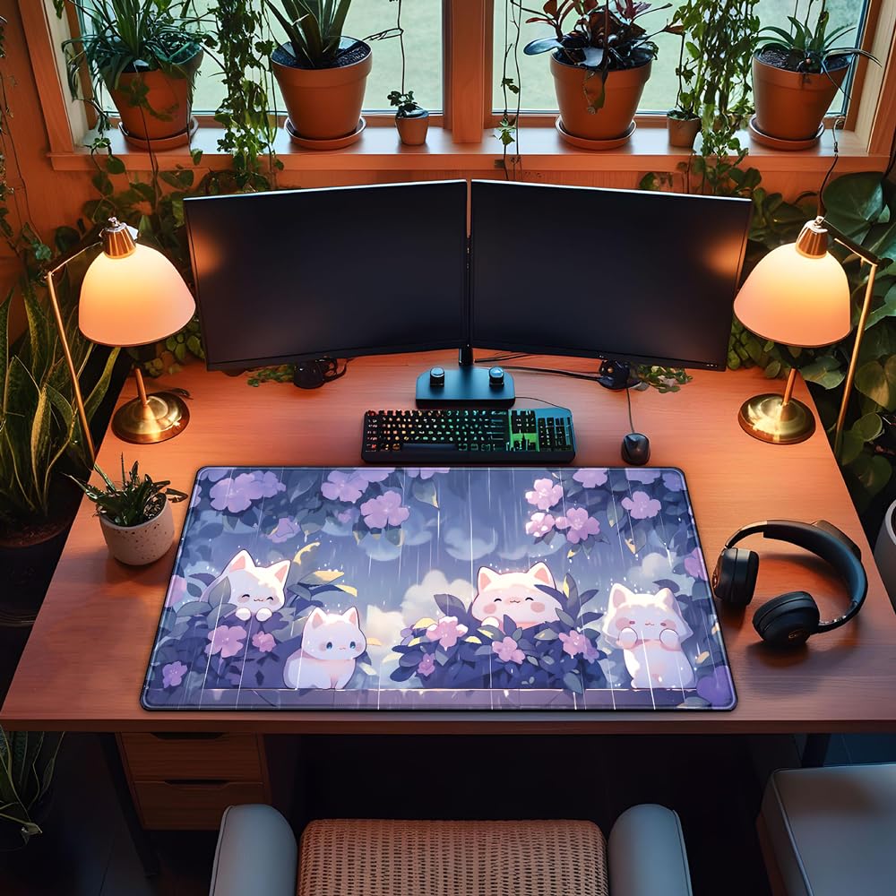Desk Pad Anime Black Pom Poms Gaming Mouse Pad Large Star Designs Desk Office Decor Exclusive Beautiful Girls Mouse Pad for Women Desktop with Stitched Edges Non-Slip Computer Mat 31.5x11.8In