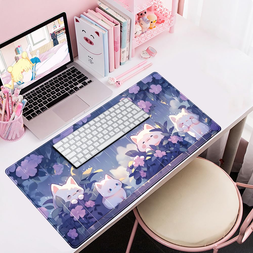 Desk Pad Anime Black Pom Poms Gaming Mouse Pad Large Star Designs Desk Office Decor Exclusive Beautiful Girls Mouse Pad for Women Desktop with Stitched Edges Non-Slip Computer Mat 31.5x11.8In