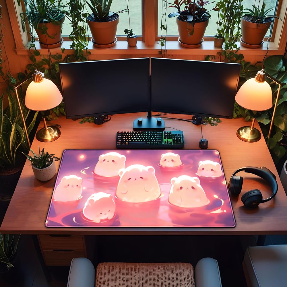 Desk Pad Anime Black Pom Poms Gaming Mouse Pad Large Star Designs Desk Office Decor Exclusive Beautiful Girls Mouse Pad for Women Desktop with Stitched Edges Non-Slip Computer Mat 31.5x11.8In