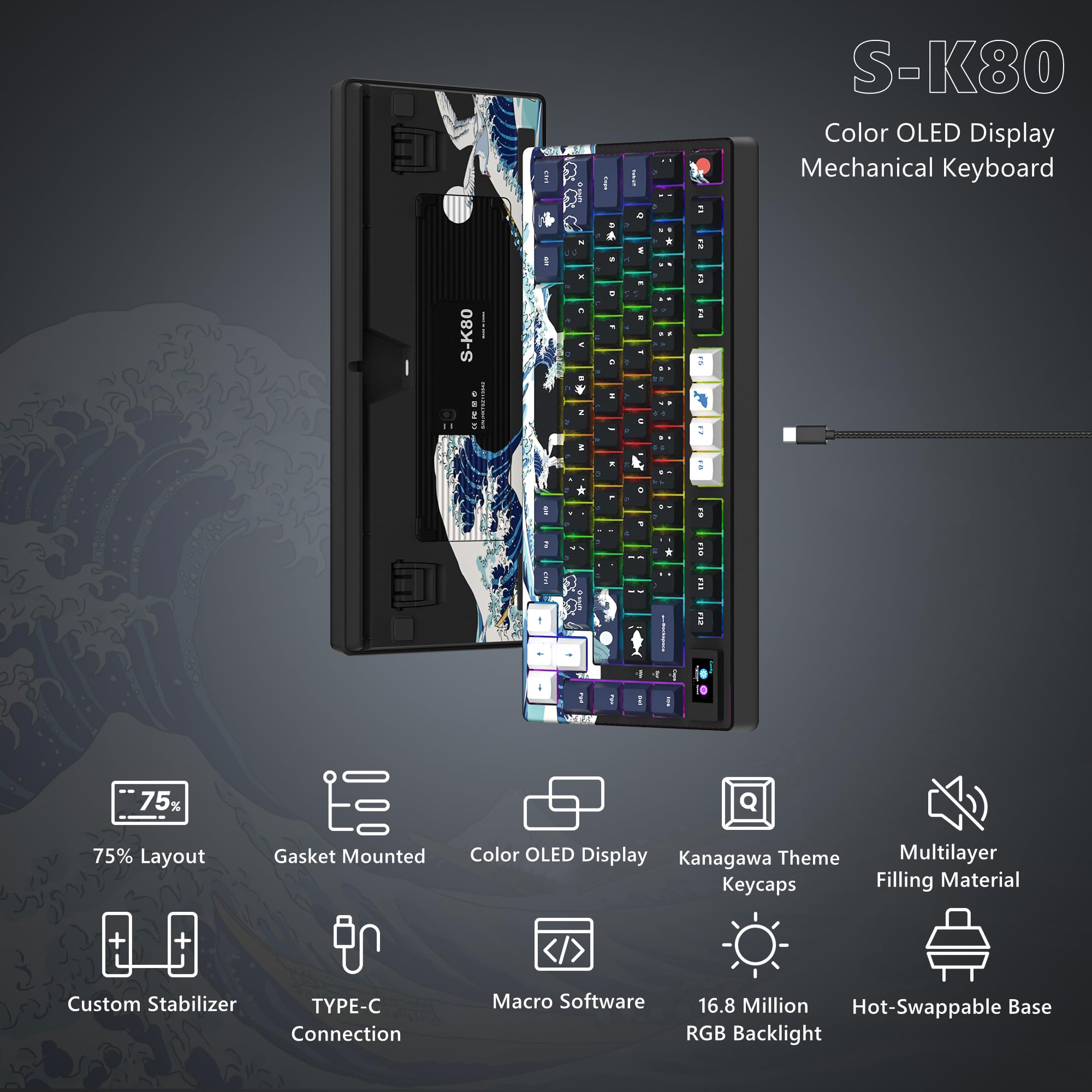 Womier SK80 75% Mechanical Gaming Keyboard – Color Display, Hot-Swap, RGB, Kanagawa Theme