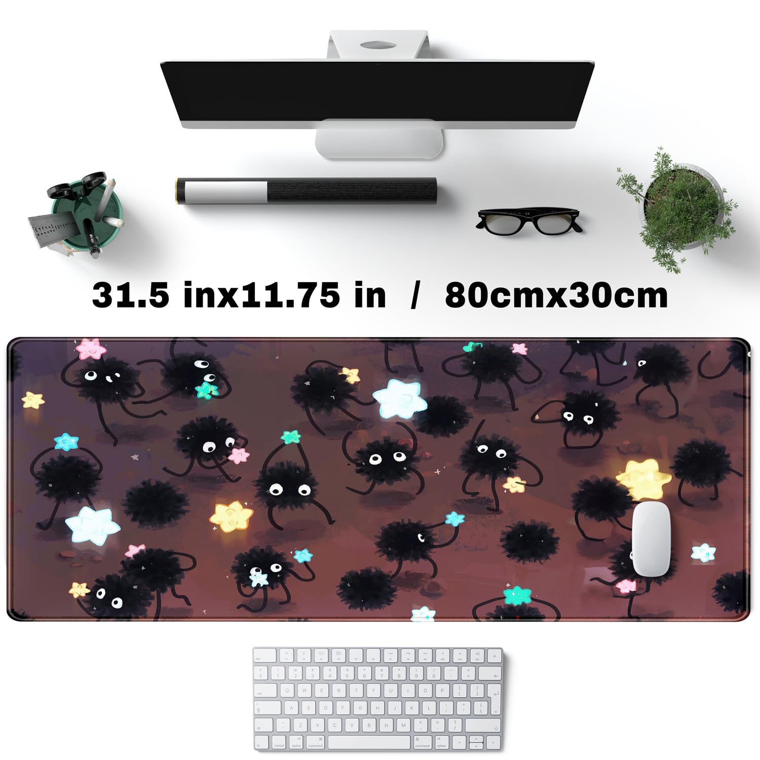 Desk Pad Anime Black Pom Poms Gaming Mouse Pad Large Star Designs Desk Office Decor Exclusive Beautiful Girls Mouse Pad for Women Desktop with Stitched Edges Non-Slip Computer Mat 31.5x11.8In