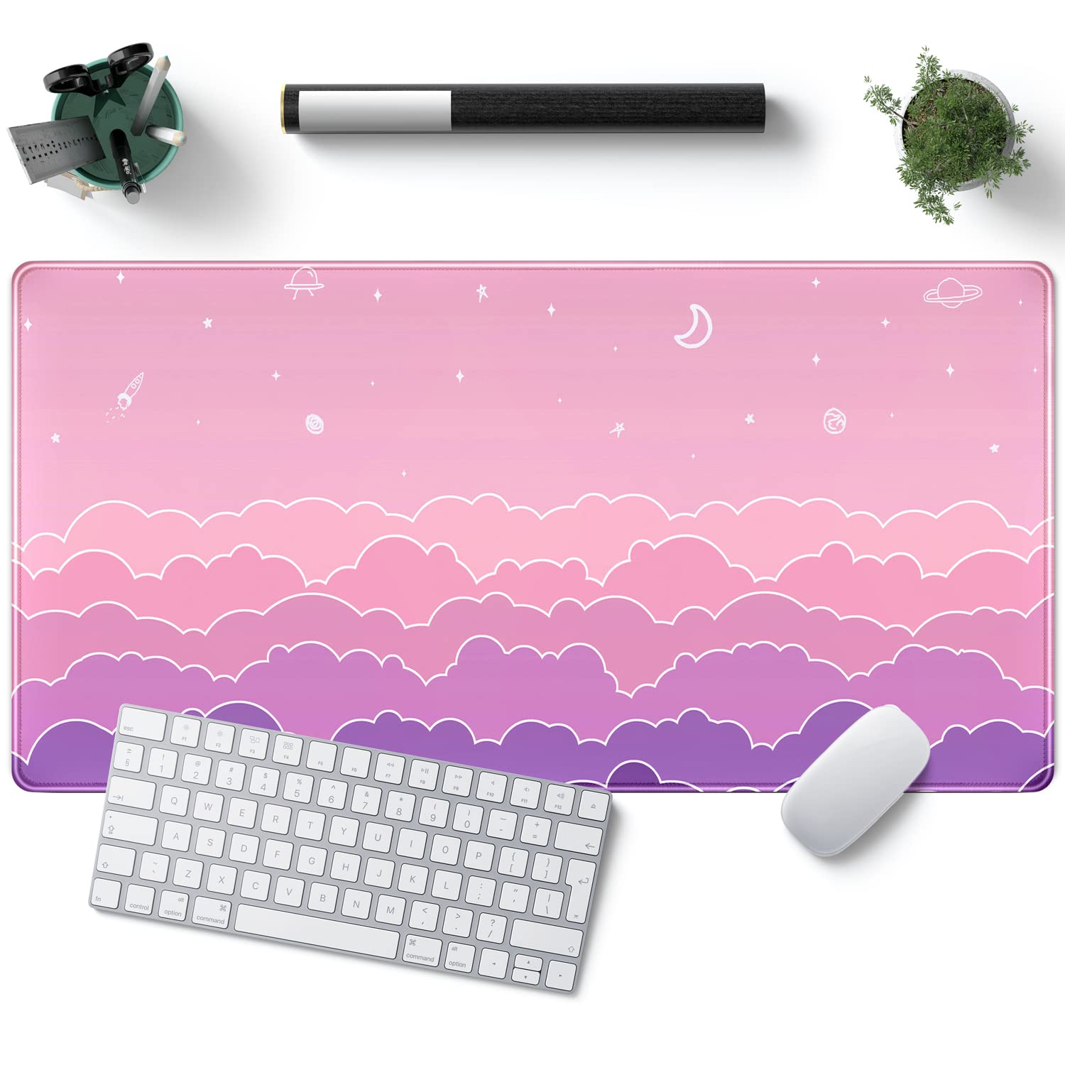 Desk Pad Anime Black Pom Poms Gaming Mouse Pad Large Star Designs Desk Office Decor Exclusive Beautiful Girls Mouse Pad for Women Desktop with Stitched Edges Non-Slip Computer Mat 31.5x11.8In
