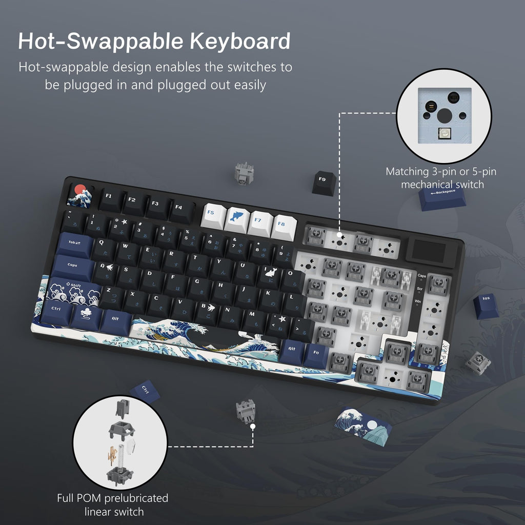 Womier SK80 75% Mechanical Gaming Keyboard – Color Display, Hot-Swap, RGB, Kanagawa Theme