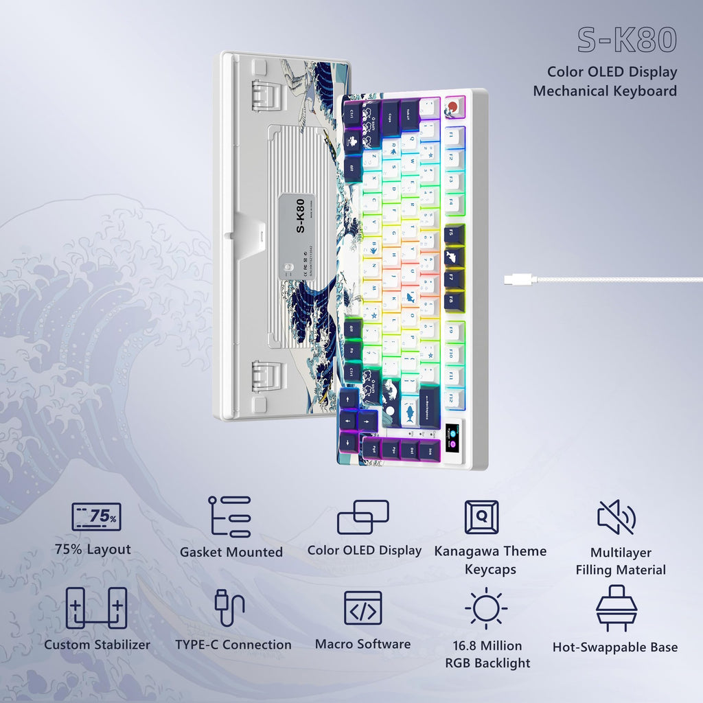 Womier SK80 75% Mechanical Gaming Keyboard – Color Display, Hot-Swap, RGB, Kanagawa Theme