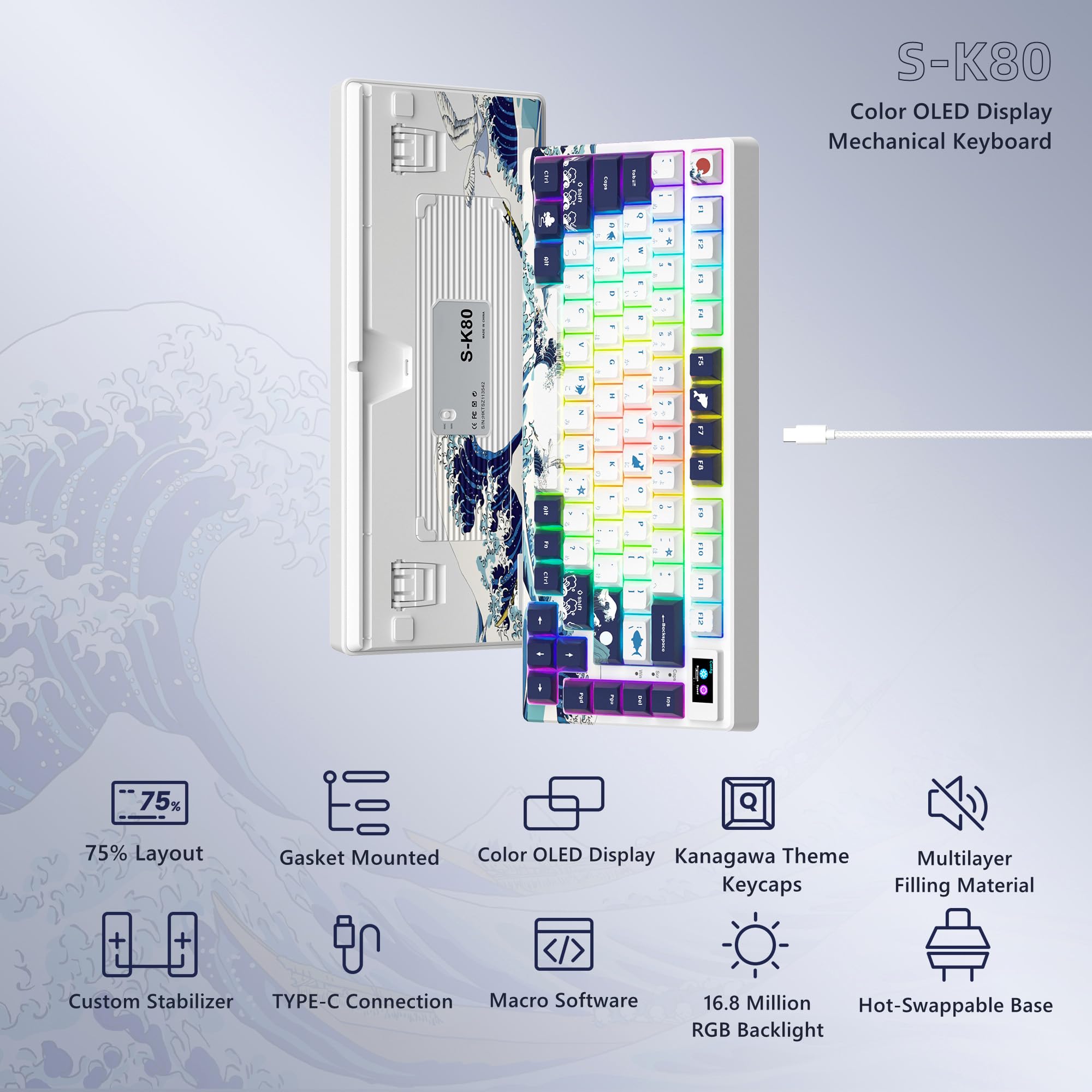 Womier SK80 75% Mechanical Gaming Keyboard – Color Display, Hot-Swap, RGB, Kanagawa Theme