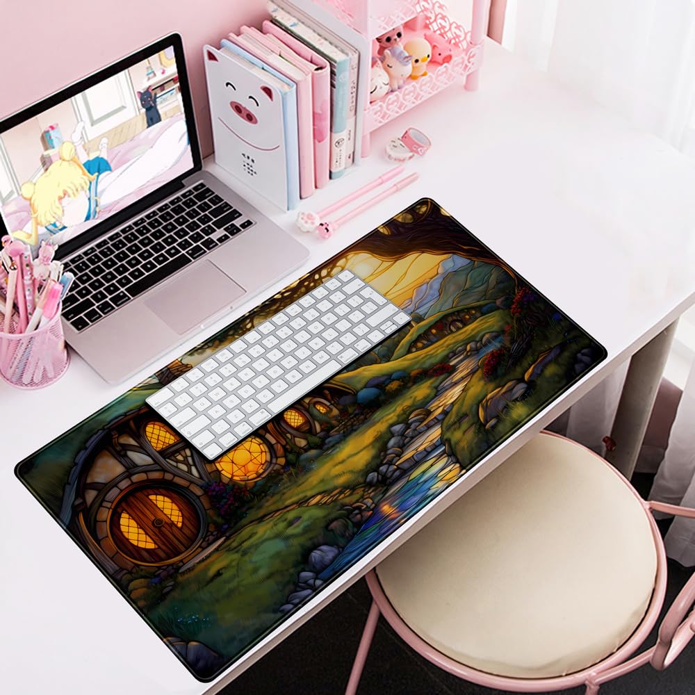 Desk Pad Anime Black Pom Poms Gaming Mouse Pad Large Star Designs Desk Office Decor Exclusive Beautiful Girls Mouse Pad for Women Desktop with Stitched Edges Non-Slip Computer Mat 31.5x11.8In