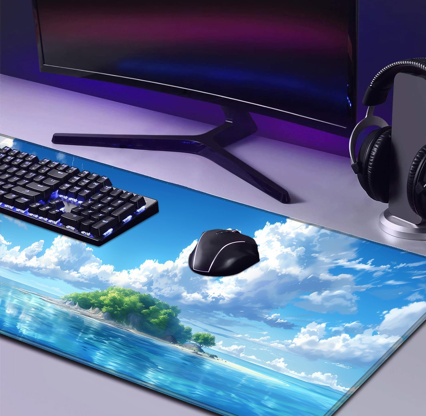 Tokyo Street Cute Large Gaming Mouse Pad, Purple Blue Anime City XXL, 35.4L x 15.7W inches, Fabric, Polyvinyl Chloride, Office Products