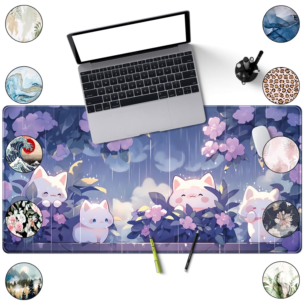 Desk Pad Anime Black Pom Poms Gaming Mouse Pad Large Star Designs Desk Office Decor Exclusive Beautiful Girls Mouse Pad for Women Desktop with Stitched Edges Non-Slip Computer Mat 31.5x11.8In