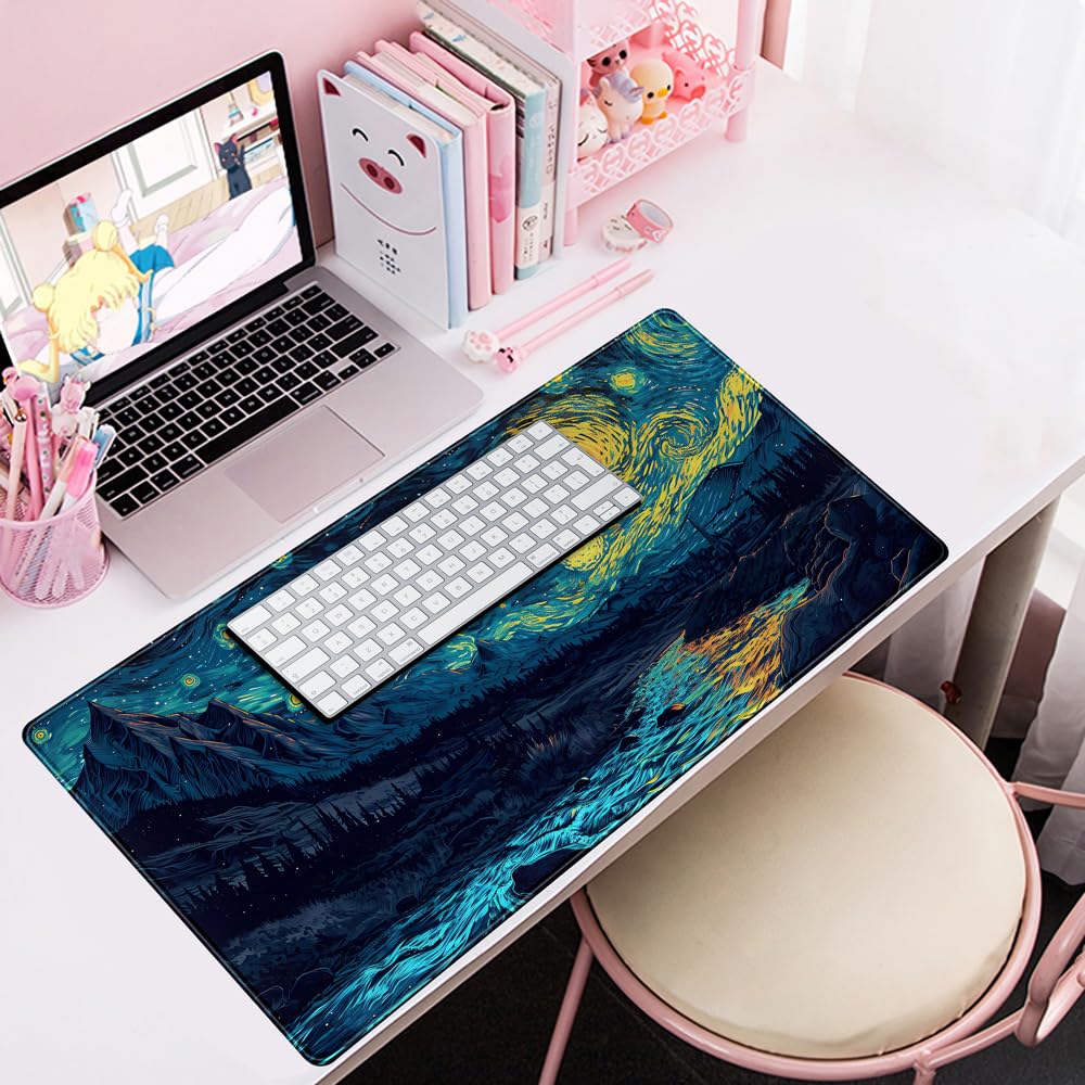Desk Pad Anime Black Pom Poms Gaming Mouse Pad Large Star Designs Desk Office Decor Exclusive Beautiful Girls Mouse Pad for Women Desktop with Stitched Edges Non-Slip Computer Mat 31.5x11.8In