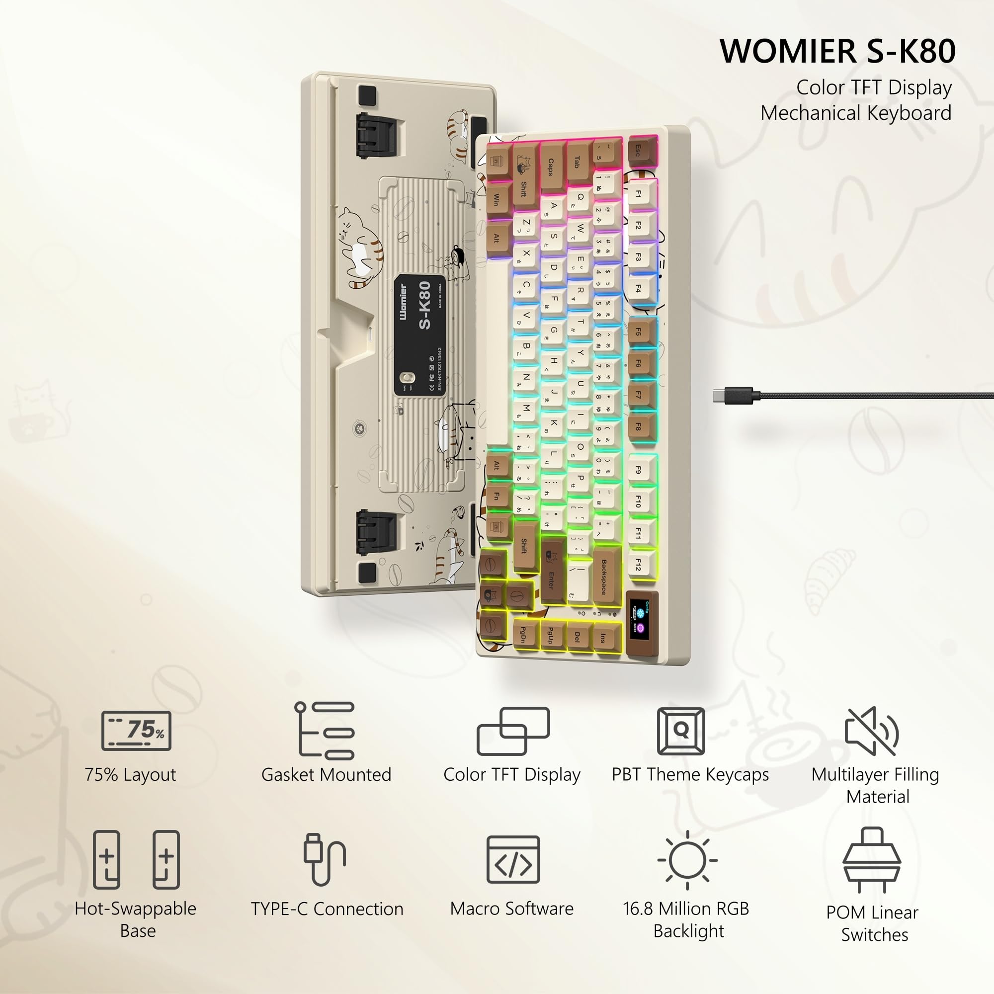 Womier SK80 75% Mechanical Gaming Keyboard – Color Display, Hot-Swap, RGB, Kanagawa Theme