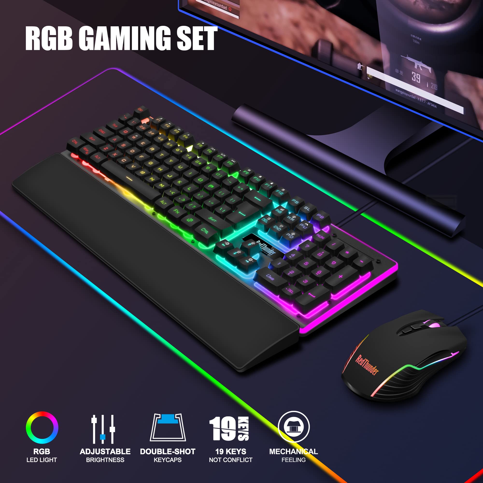 RedThunder K10 Gaming Keyboard & Mouse Combo – RGB Backlit, Wrist Rest, Anti-Ghosting, 7200 DPI