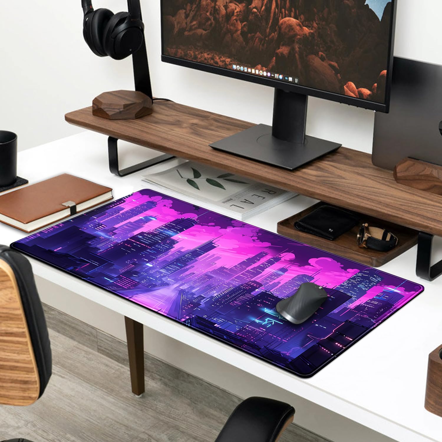 Desk Pad Anime Black Pom Poms Gaming Mouse Pad Large Star Designs Desk Office Decor Exclusive Beautiful Girls Mouse Pad for Women Desktop with Stitched Edges Non-Slip Computer Mat 31.5x11.8In