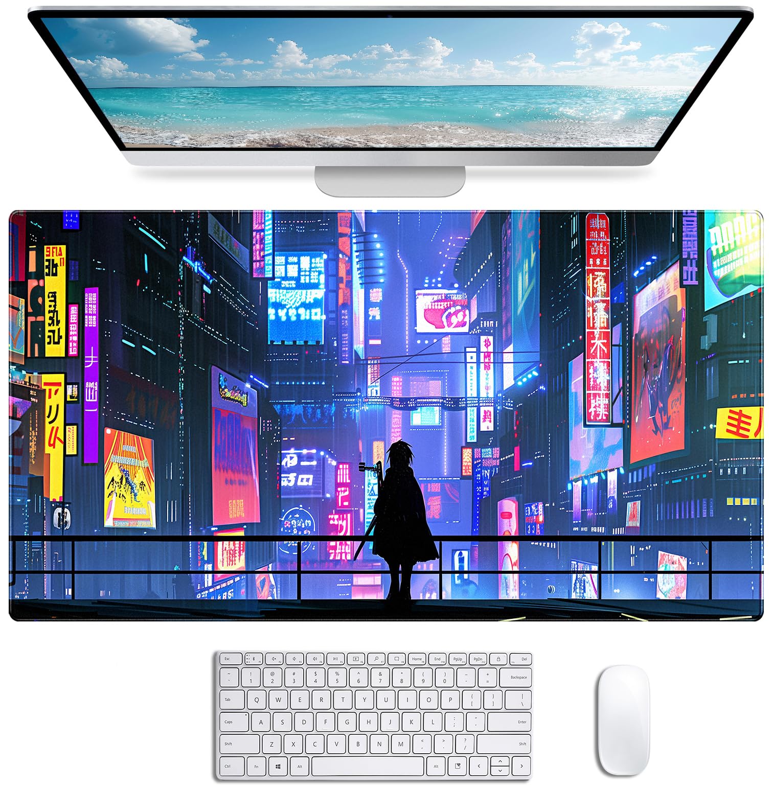 Tokyo Street Cute Large Gaming Mouse Pad, Purple Blue Anime City XXL, 35.4L x 15.7W inches, Fabric, Polyvinyl Chloride, Office Products