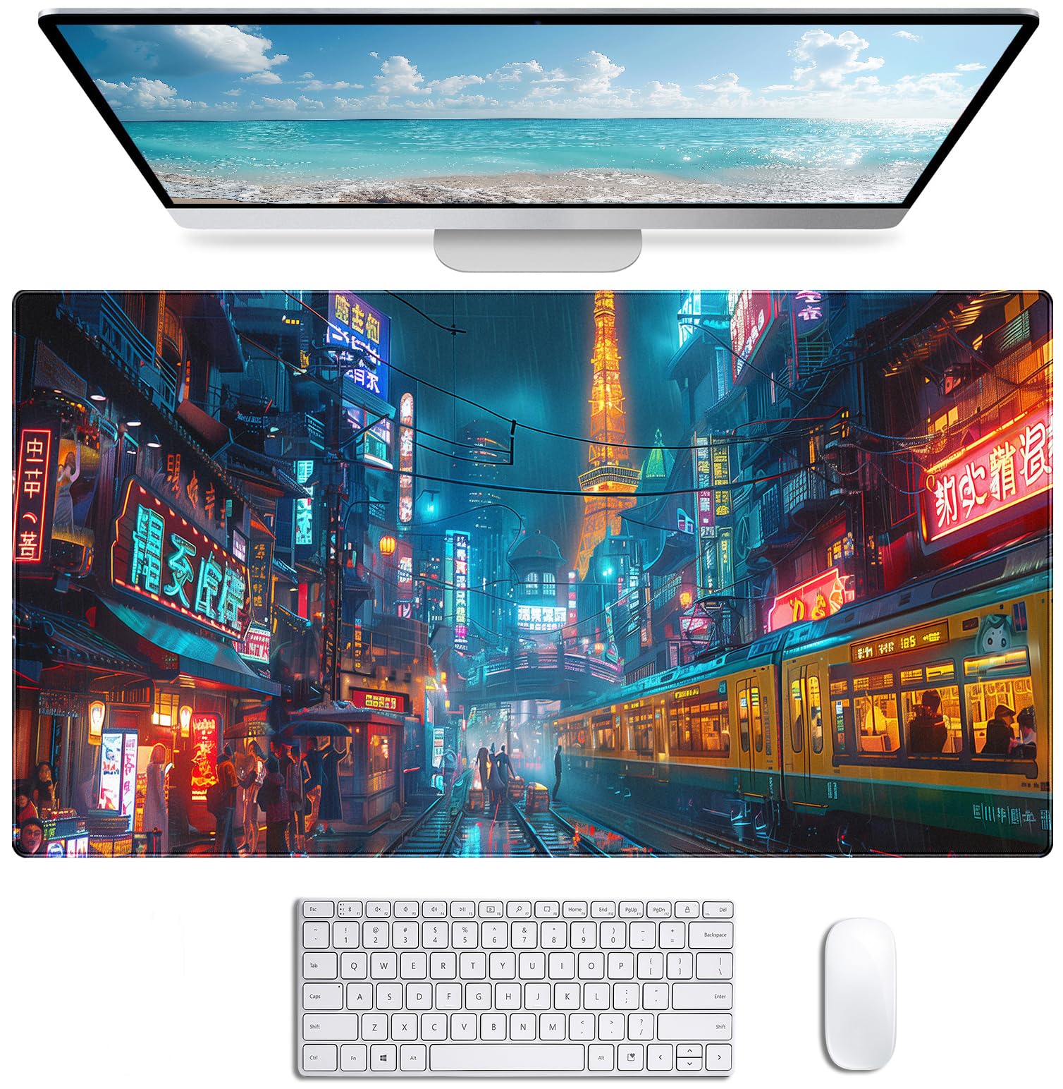 Tokyo Street Cute Large Gaming Mouse Pad, Purple Blue Anime City XXL, 35.4L x 15.7W inches, Fabric, Polyvinyl Chloride, Office Products