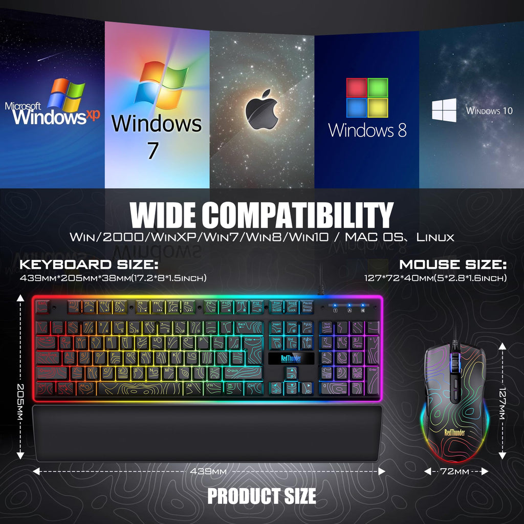 RedThunder K10 Gaming Keyboard & Mouse Combo – RGB Backlit, Wrist Rest, Anti-Ghosting, 7200 DPI