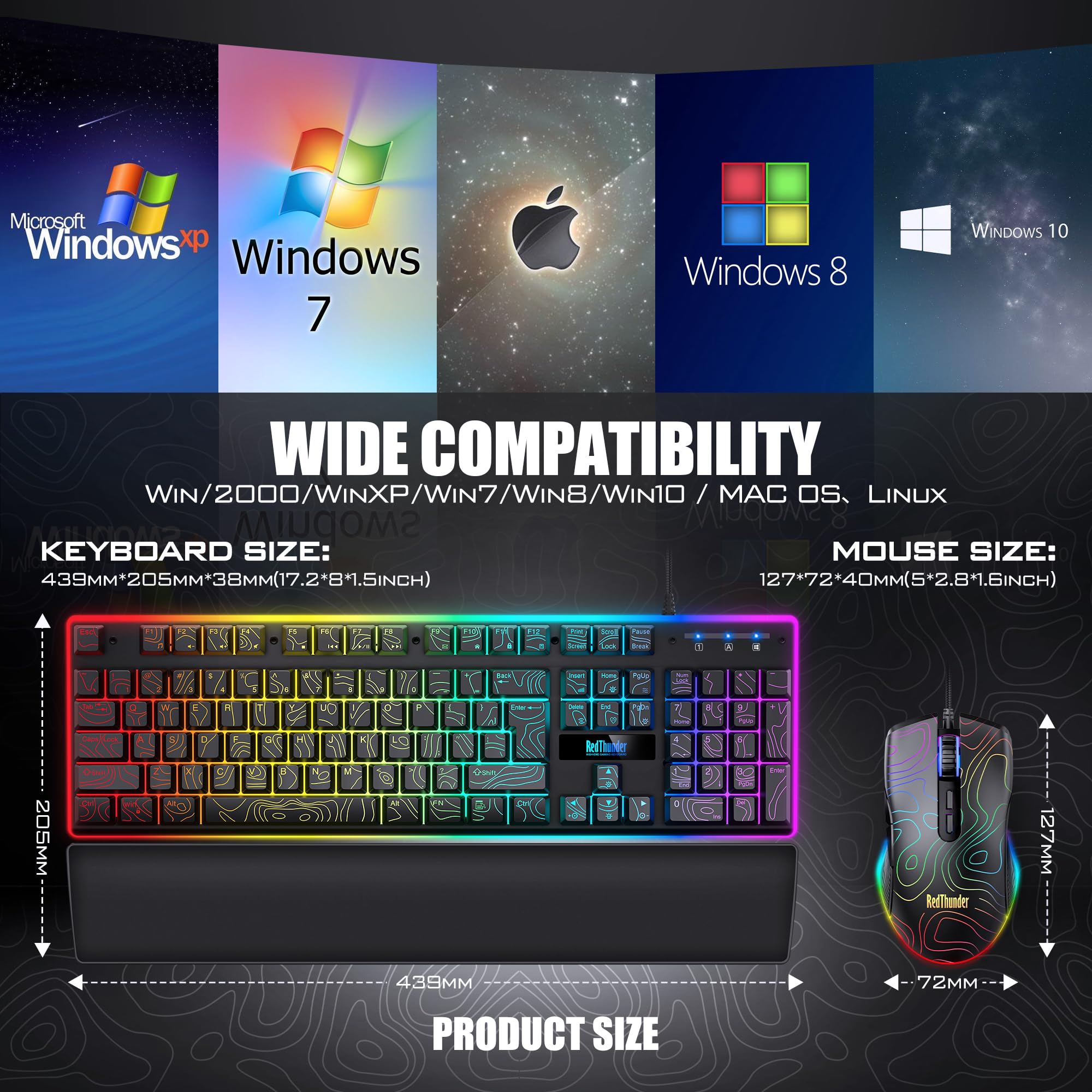 RedThunder K10 Gaming Keyboard & Mouse Combo – RGB Backlit, Wrist Rest, Anti-Ghosting, 7200 DPI