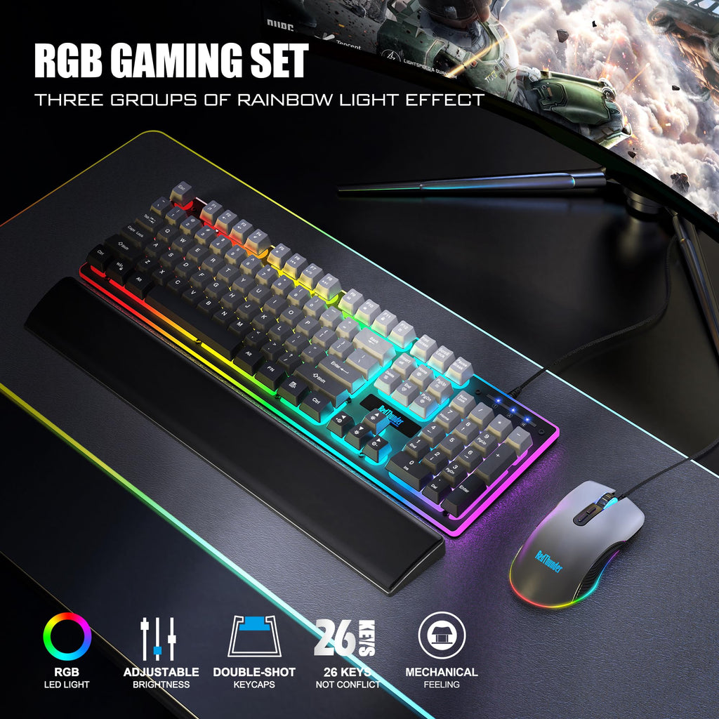 RedThunder K10 Gaming Keyboard & Mouse Combo – RGB Backlit, Wrist Rest, Anti-Ghosting, 7200 DPI