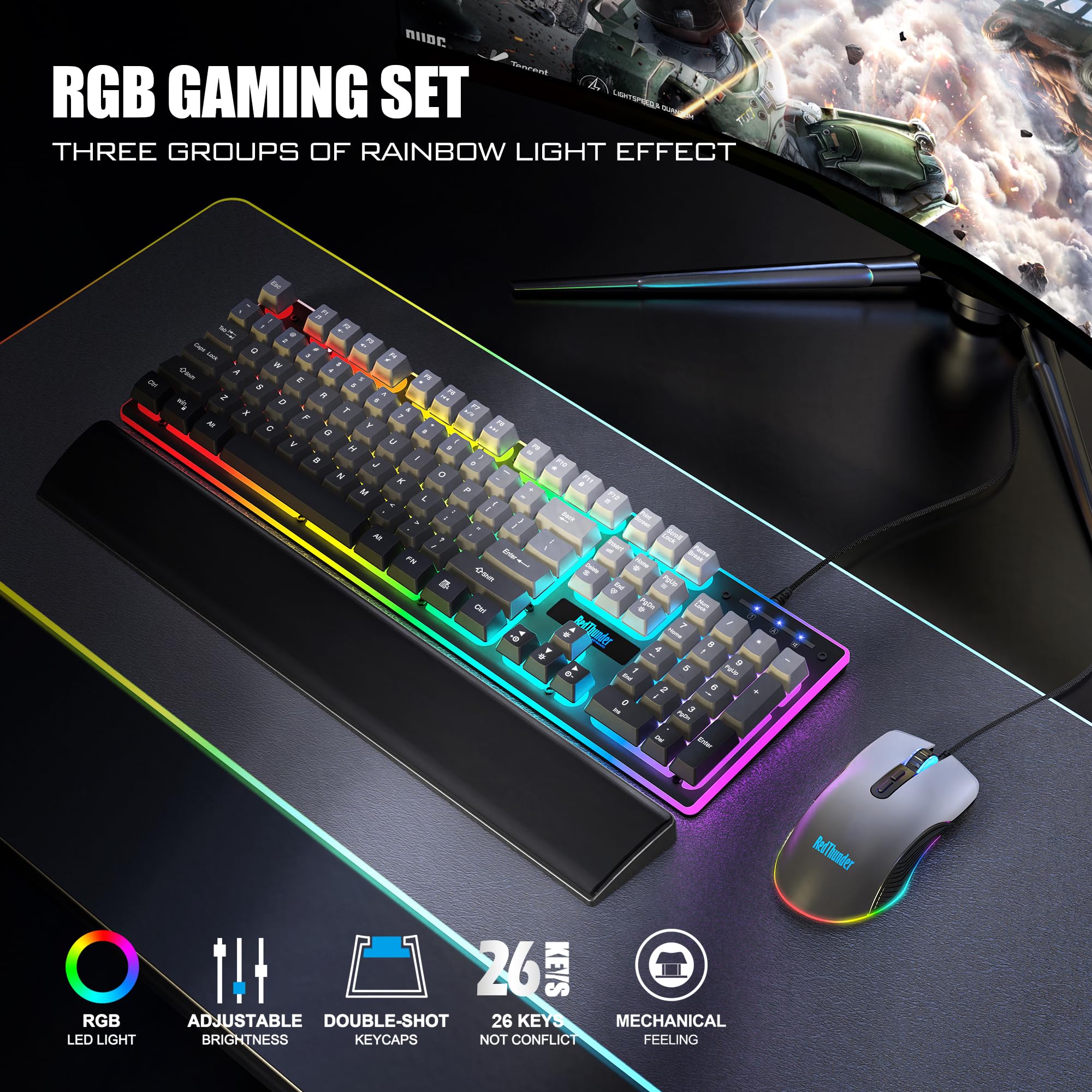 RedThunder K10 Gaming Keyboard & Mouse Combo – RGB Backlit, Wrist Rest, Anti-Ghosting, 7200 DPI