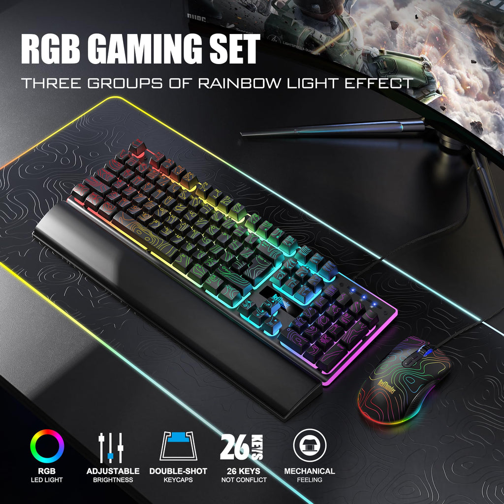 RedThunder K10 Gaming Keyboard & Mouse Combo – RGB Backlit, Wrist Rest, Anti-Ghosting, 7200 DPI