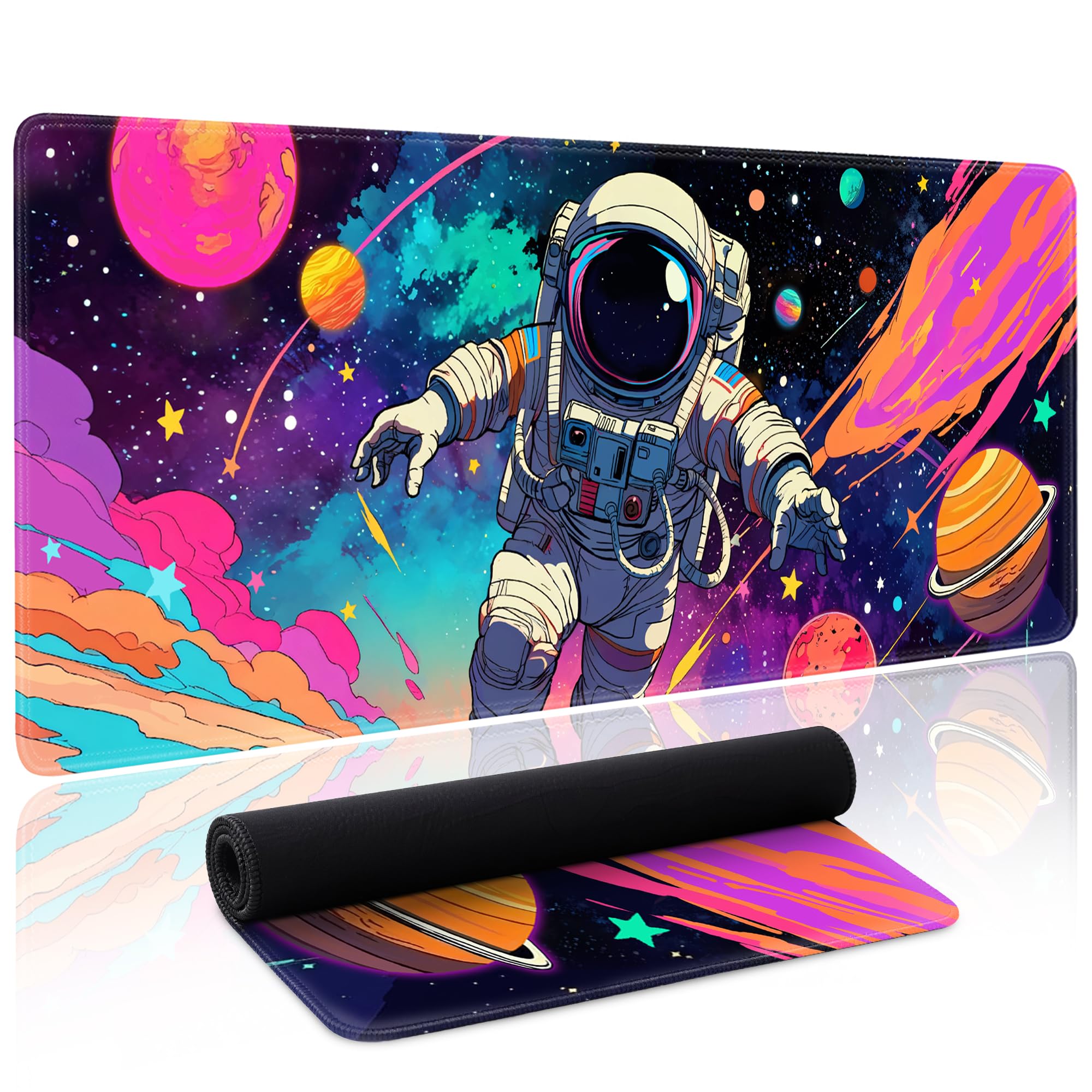 Spaceman Planets Anime Mouse Pad Large Desk Mat XL Mouse Pad Astronaut Keyboard Mousepad with Non-Slip Base and Stitched Edge Gaming Mouse Mat Desk Pad 31.5 X 11.8 in Mouse Pads for Desk Home Office