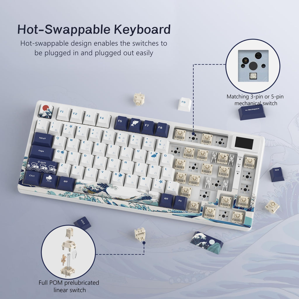 Womier SK80 75% Mechanical Gaming Keyboard – Color Display, Hot-Swap, RGB, Kanagawa Theme