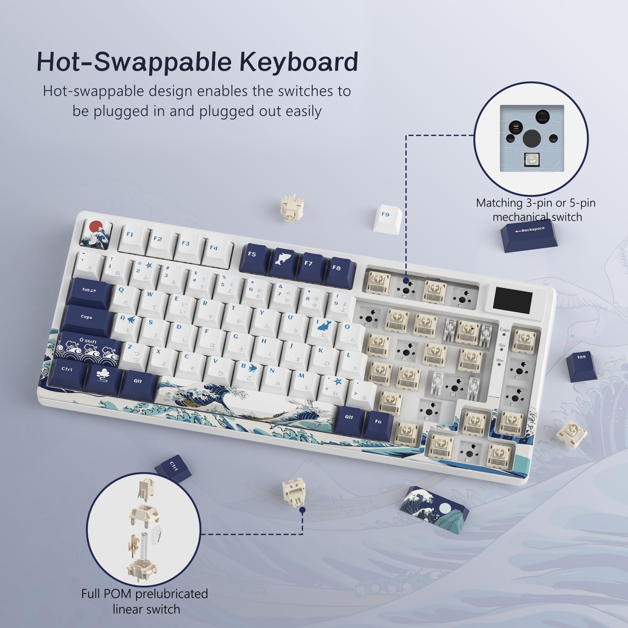 Womier SK80 75% Mechanical Gaming Keyboard – Color Display, Hot-Swap, RGB, Kanagawa Theme