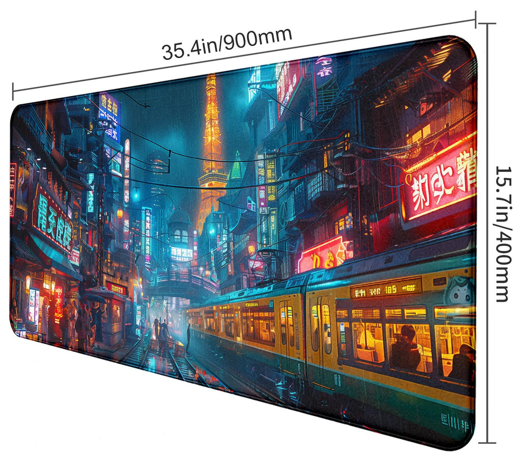 Tokyo Street Cute Large Gaming Mouse Pad, Purple Blue Anime City XXL, 35.4L x 15.7W inches, Fabric, Polyvinyl Chloride, Office Products