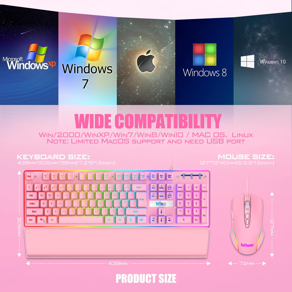 RedThunder K10 Gaming Keyboard & Mouse Combo – RGB Backlit, Wrist Rest, Anti-Ghosting, 7200 DPI