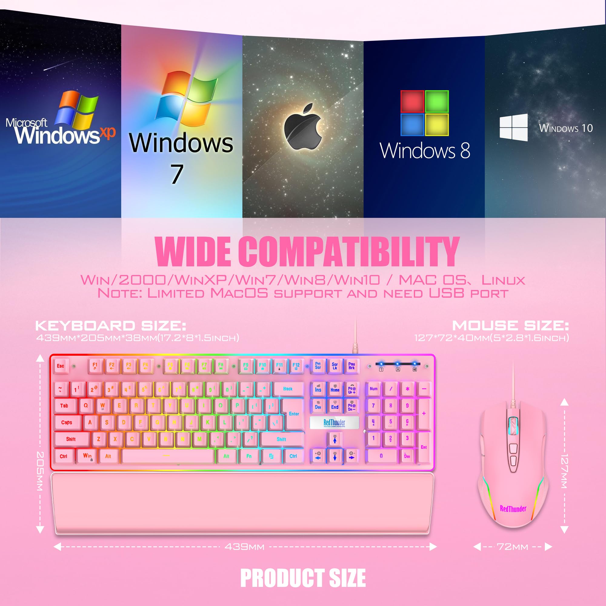 RedThunder K10 Gaming Keyboard & Mouse Combo – RGB Backlit, Wrist Rest, Anti-Ghosting, 7200 DPI