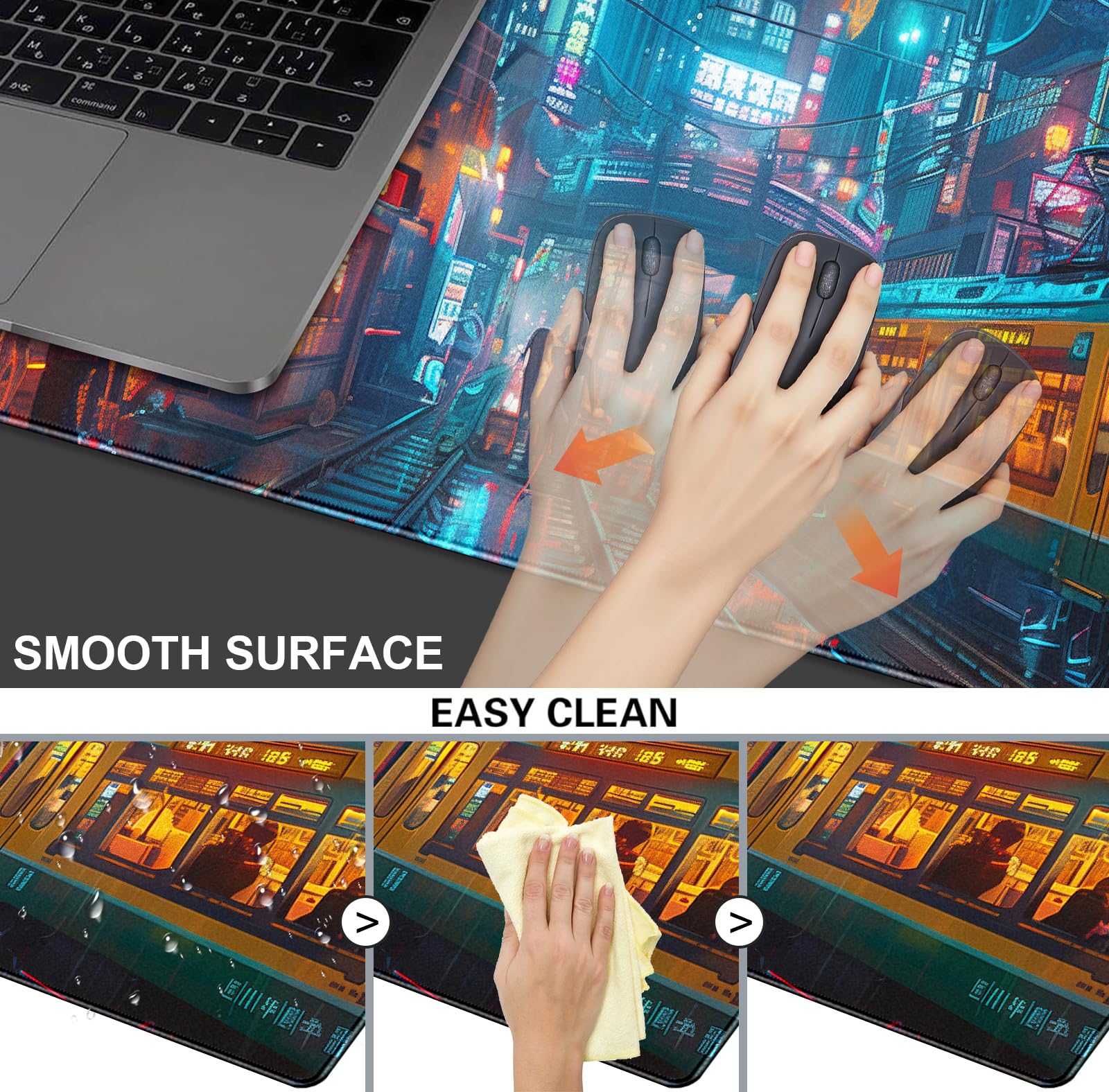 Tokyo Street Cute Large Gaming Mouse Pad, Purple Blue Anime City XXL, 35.4L x 15.7W inches, Fabric, Polyvinyl Chloride, Office Products