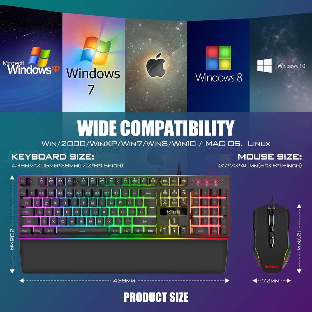 RedThunder K10 Gaming Keyboard & Mouse Combo – RGB Backlit, Wrist Rest, Anti-Ghosting, 7200 DPI