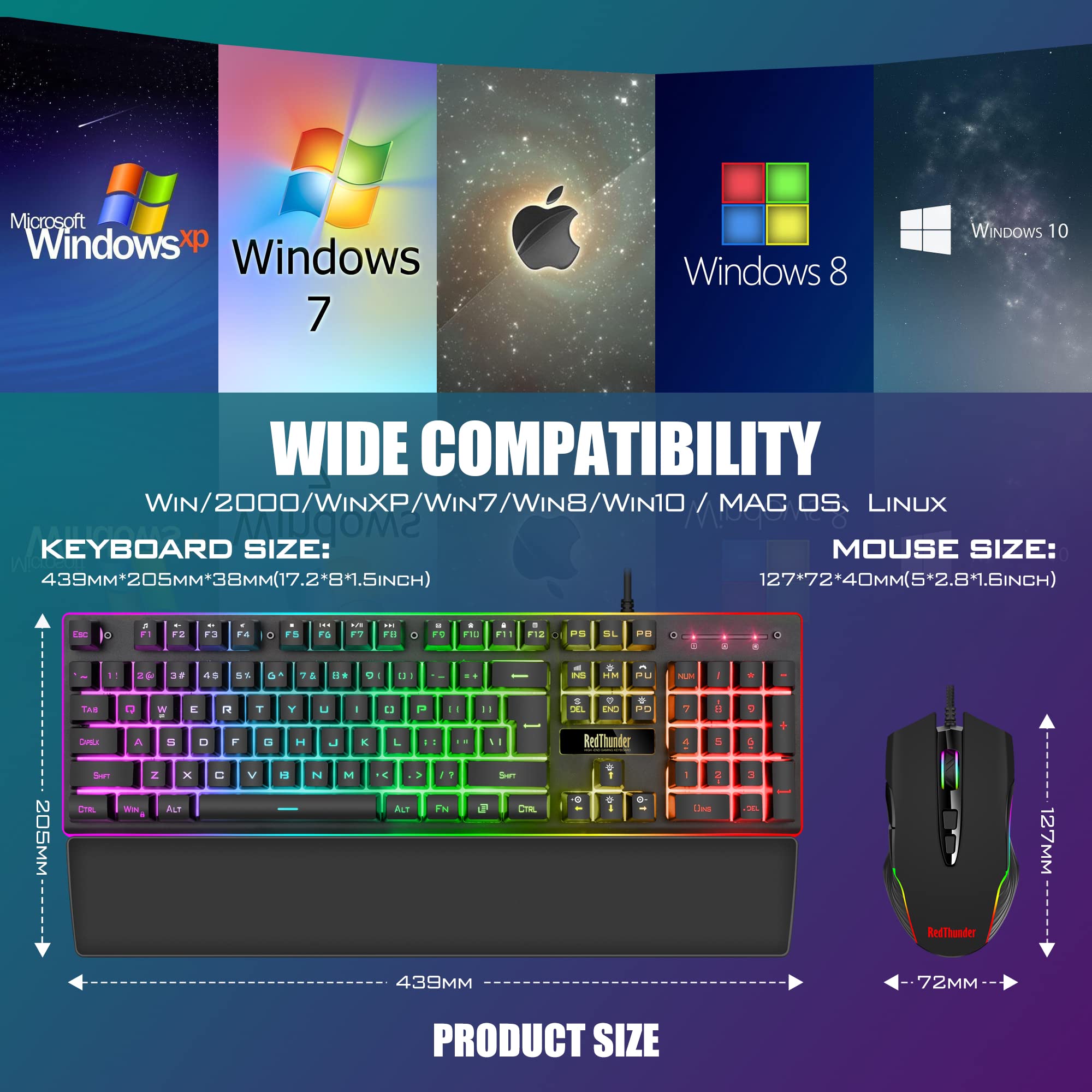 RedThunder K10 Gaming Keyboard & Mouse Combo – RGB Backlit, Wrist Rest, Anti-Ghosting, 7200 DPI