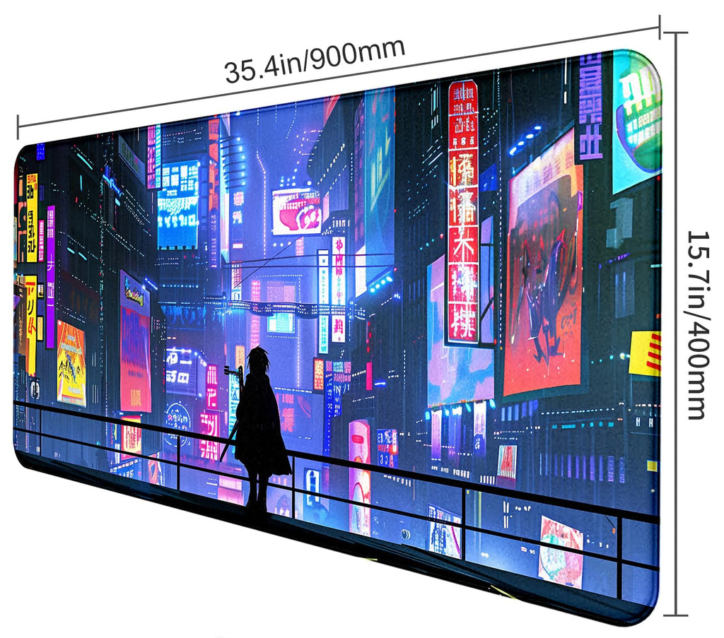 Tokyo Street Cute Large Gaming Mouse Pad, Purple Blue Anime City XXL, 35.4L x 15.7W inches, Fabric, Polyvinyl Chloride, Office Products
