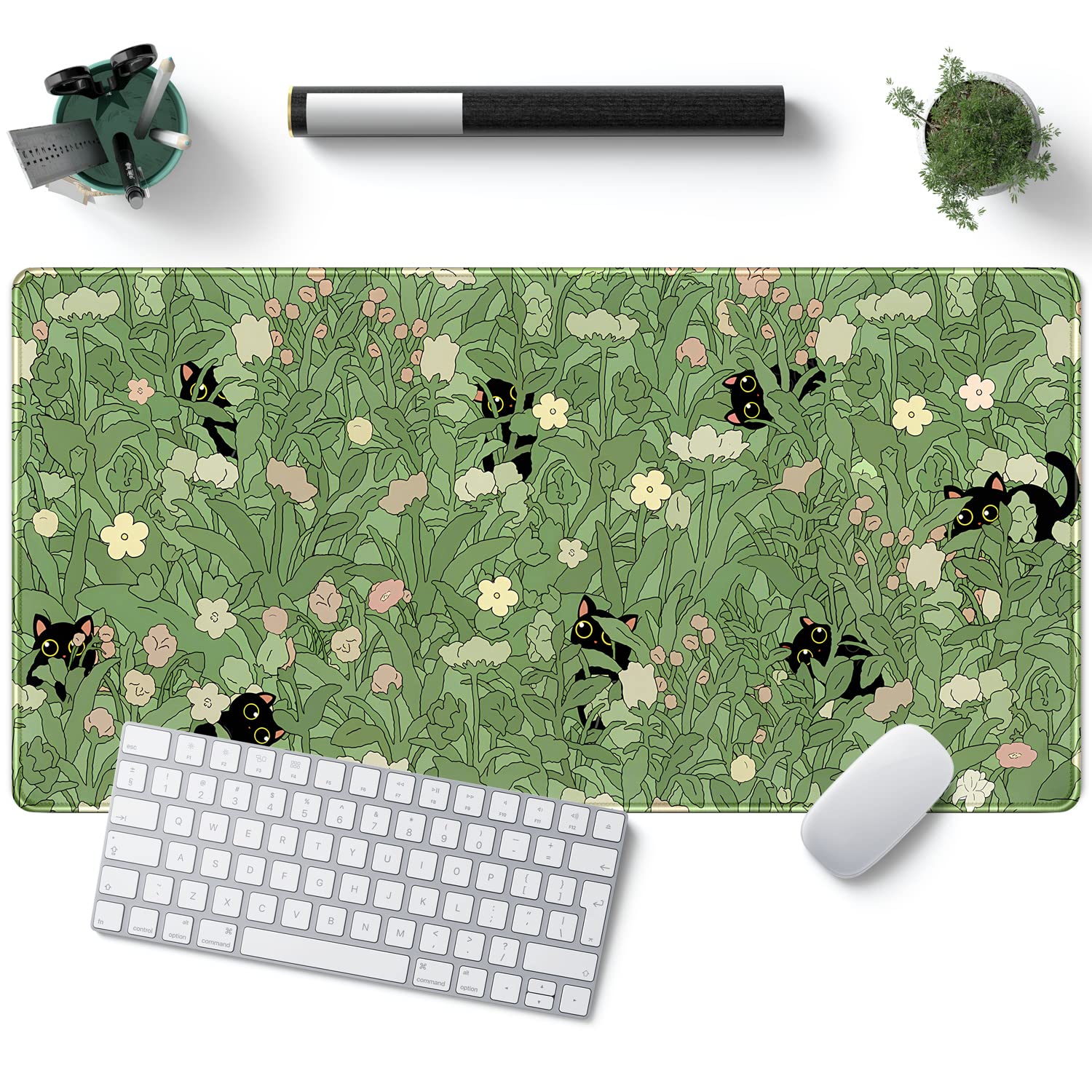 Desk Pad Anime Black Pom Poms Gaming Mouse Pad Large Star Designs Desk Office Decor Exclusive Beautiful Girls Mouse Pad for Women Desktop with Stitched Edges Non-Slip Computer Mat 31.5x11.8In