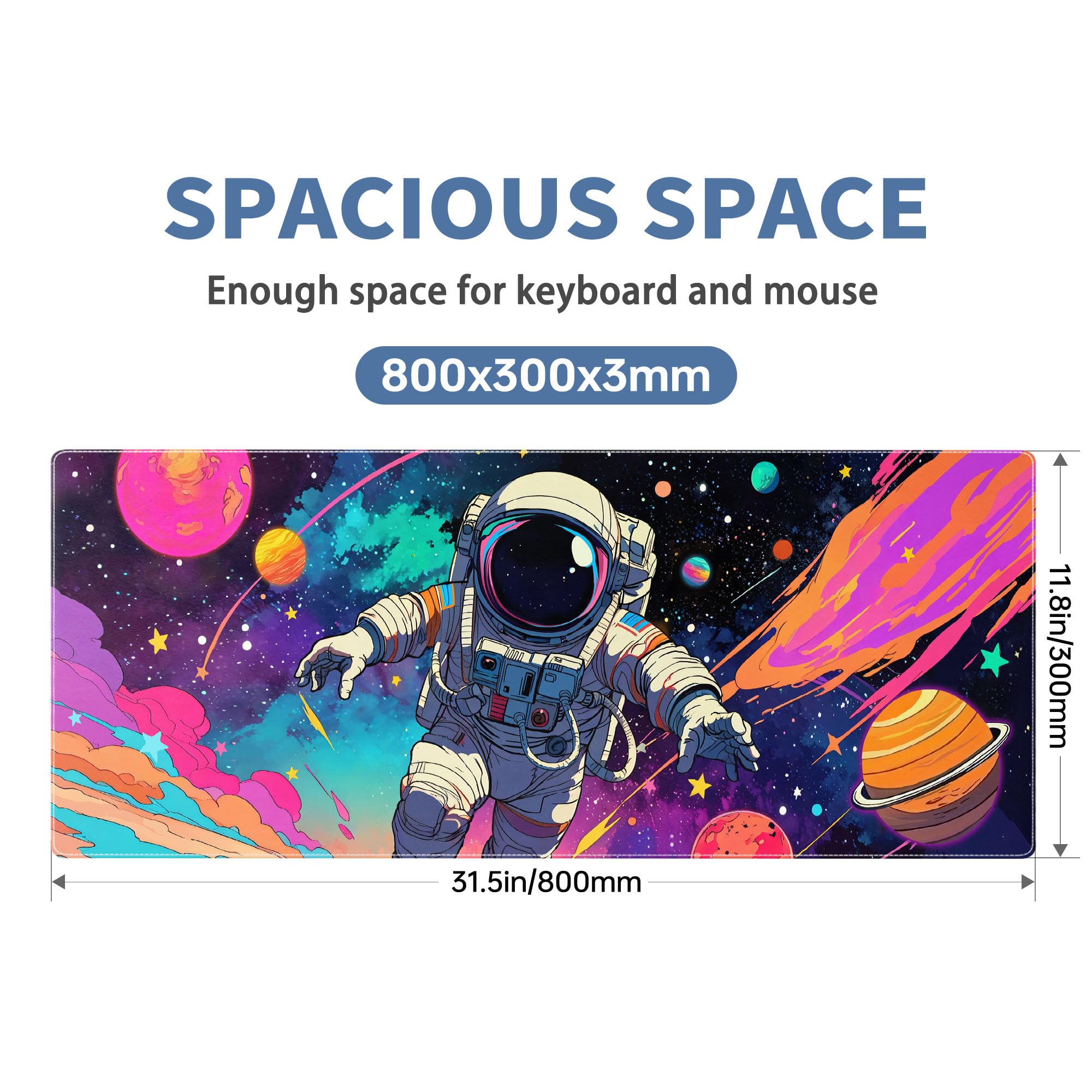 Spaceman Planets Anime Mouse Pad Large Desk Mat XL Mouse Pad Astronaut Keyboard Mousepad with Non-Slip Base and Stitched Edge Gaming Mouse Mat Desk Pad 31.5 X 11.8 in Mouse Pads for Desk Home Office