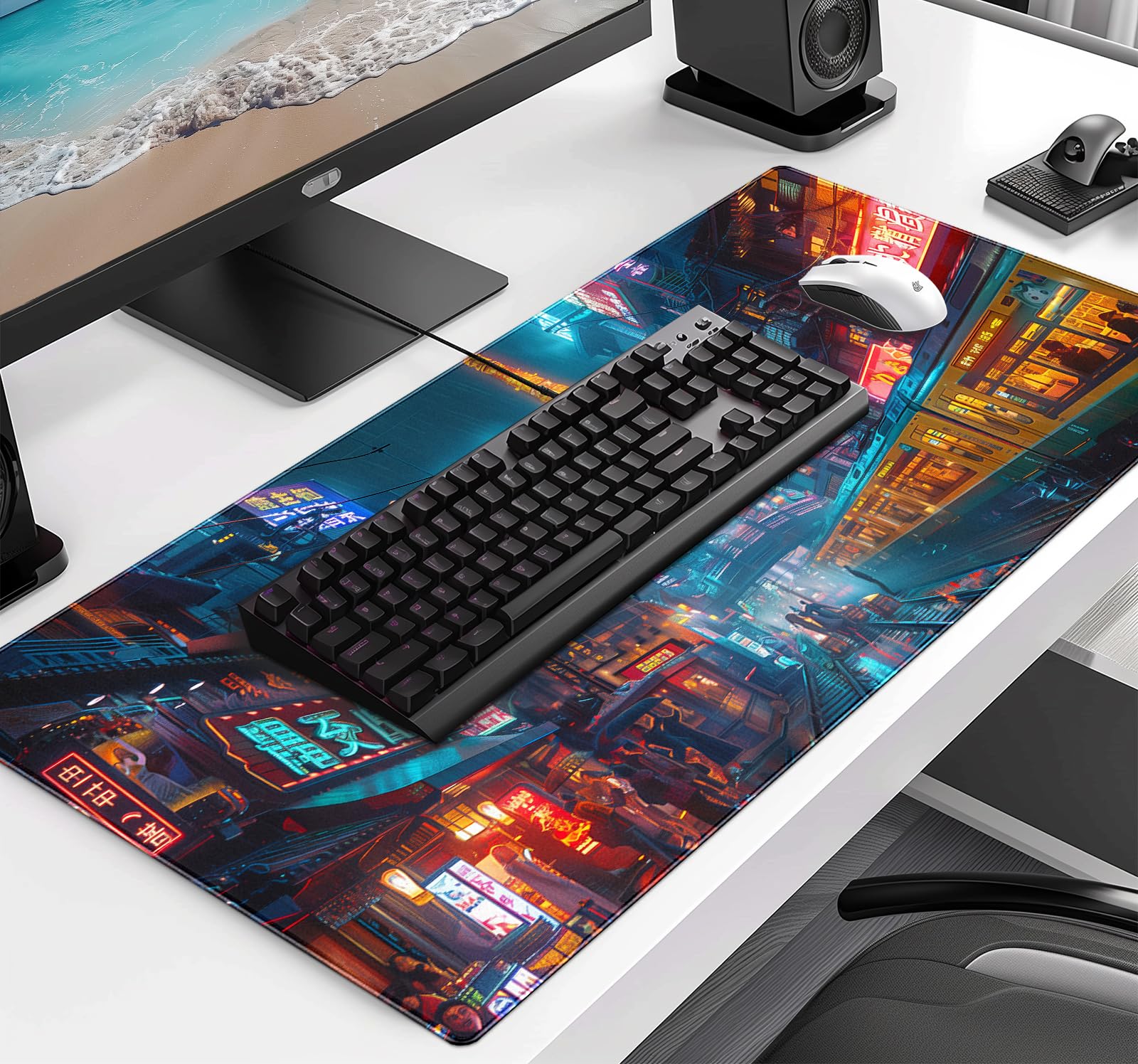Tokyo Street Cute Large Gaming Mouse Pad, Purple Blue Anime City XXL, 35.4L x 15.7W inches, Fabric, Polyvinyl Chloride, Office Products