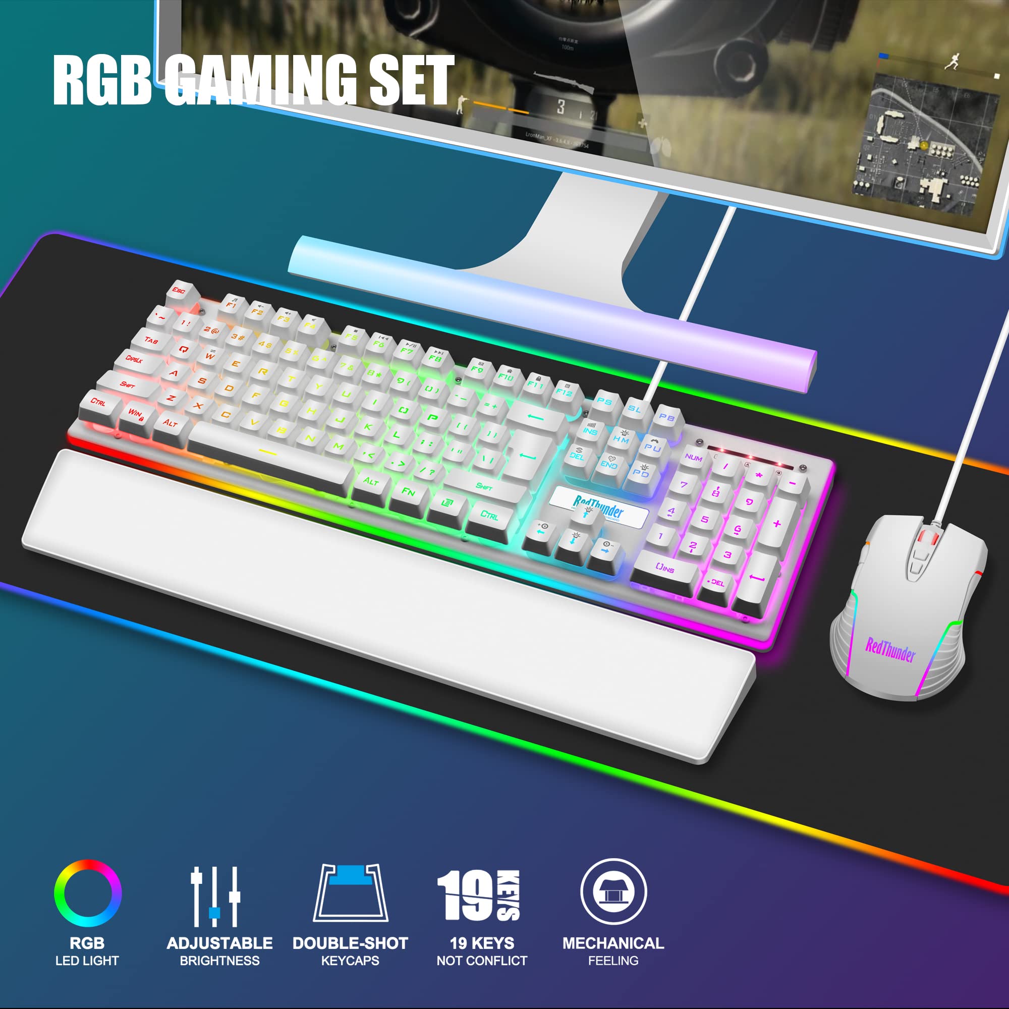 RedThunder K10 Gaming Keyboard & Mouse Combo – RGB Backlit, Wrist Rest, Anti-Ghosting, 7200 DPI